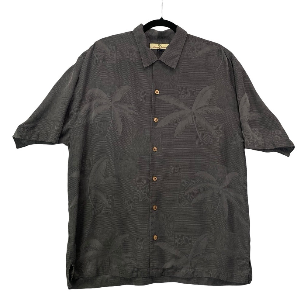 TOMMY BAHAMA Men Silk Hawaiian Short Sleeve Button Front Print Shirt Sz L Gray